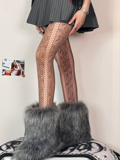 Black/White/Brown/Purple Y2K Cut-out Design Rosette Pattern Tights