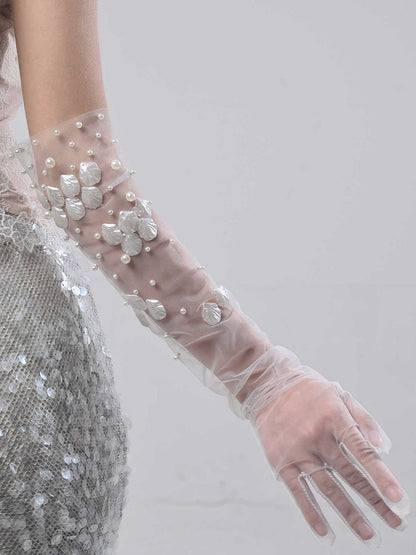 Artificial Pearls and Sea Shells Decorated White Tulle Gloves