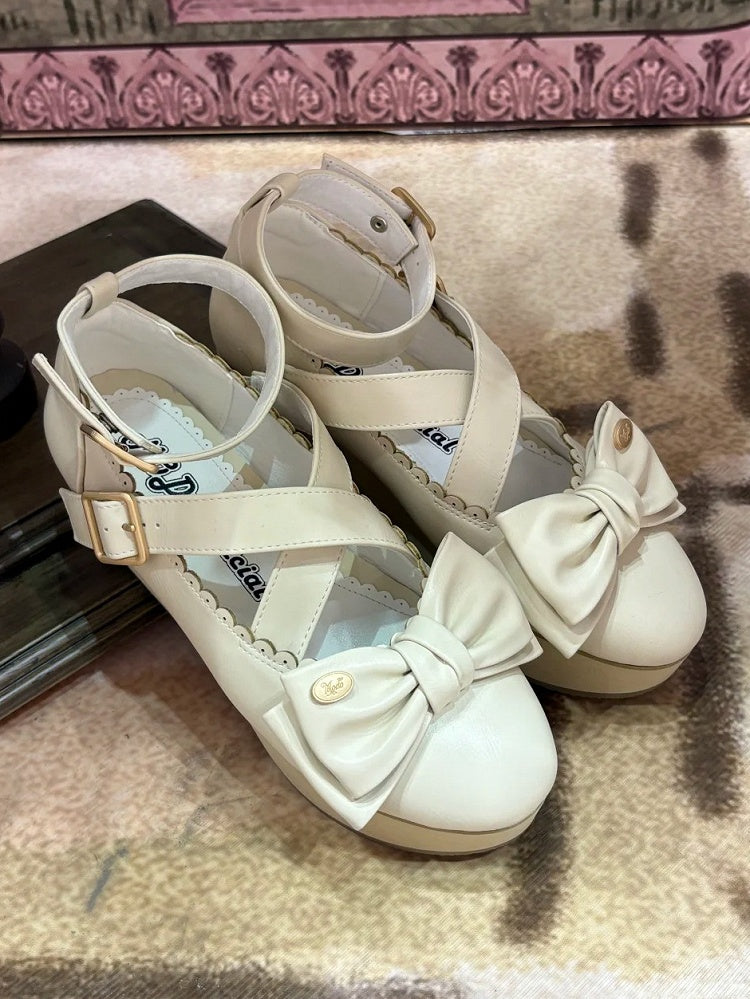 Platform Off-white Lolita Shoes - Crisscross Design & Top Bow
