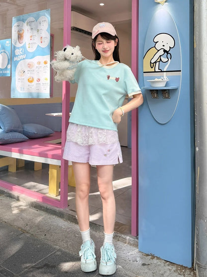 Cute Dachshund Embroidery Mint Green Round Neck T-shirt