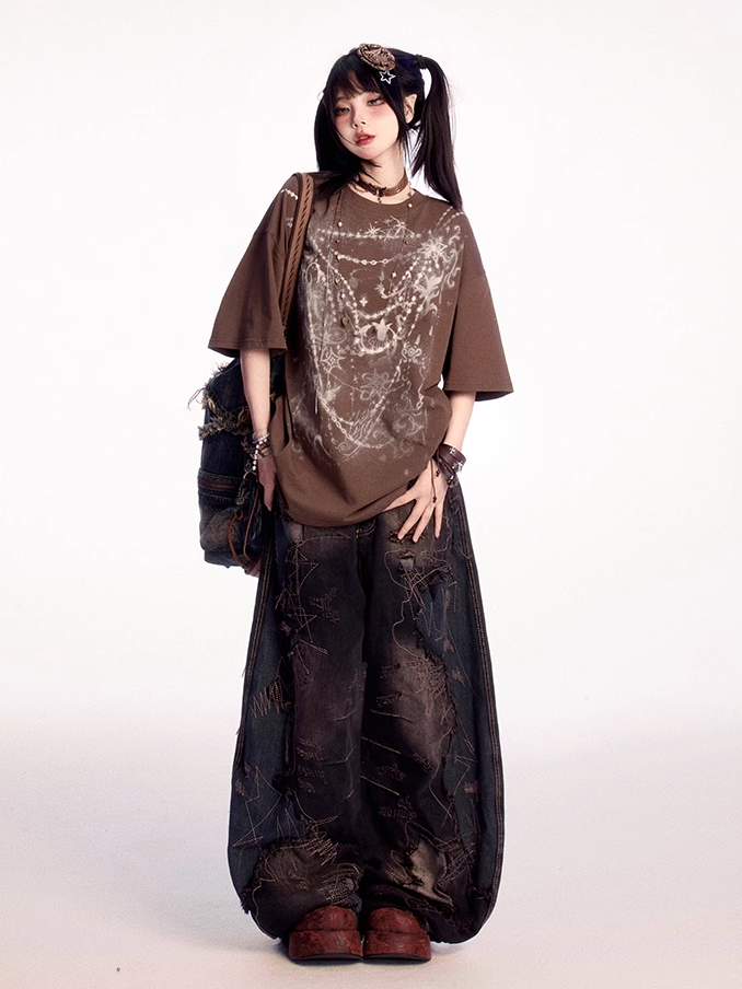 Wasteland Punk Brown Round Neck Graphic T-shirt