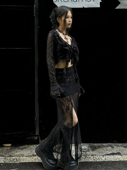 Clearance-Size S for Waist 66CM Black High Waist Punk Rock Thigh-high Slit Lace Skirt