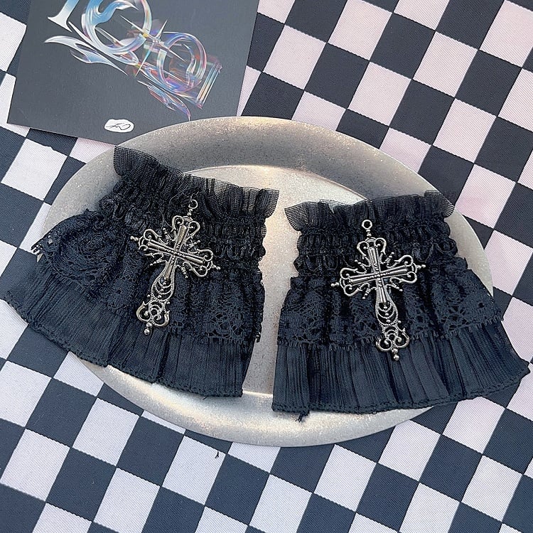 Black Gothic Cross Decorated Lace Trim Wrist Cuffs