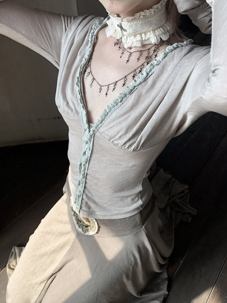 Beige Lace Ruffled Choker with Chain Cross Design