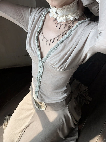 Beige Lace Ruffled Choker with Chain Cross Design