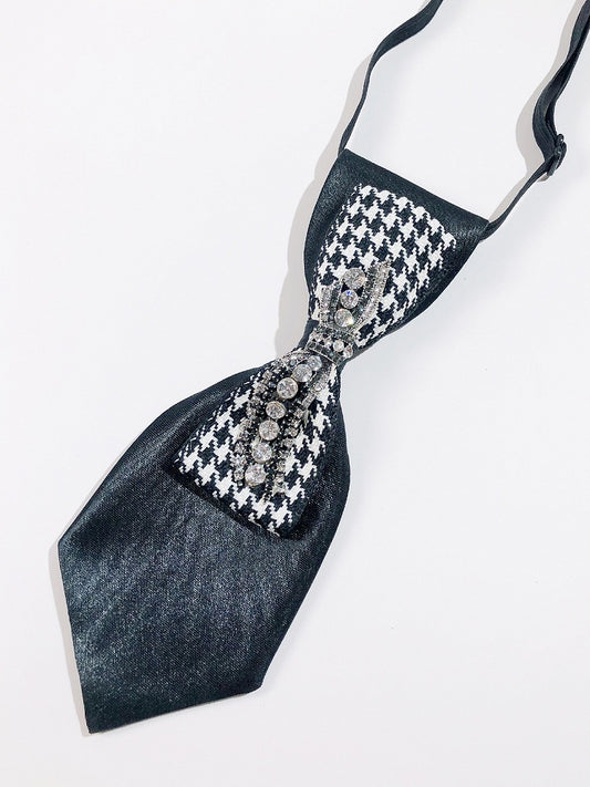 Black Rhinestone Decorated Houndstooth Pattern Bowknot Design Neck Tie