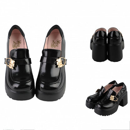 Matte Black Hugging Bear Heart Buckles Platform High Block Heels Slipons