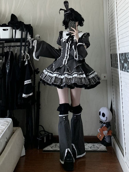 Dark Gray Striped Pattern Trumpet Sleeves