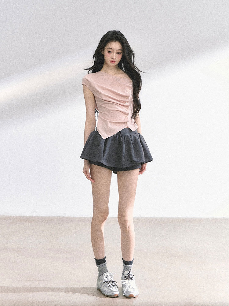 Pink Asymmetrical Neckline Front Button Placket T-shirt Self-tie Bowknot at Back