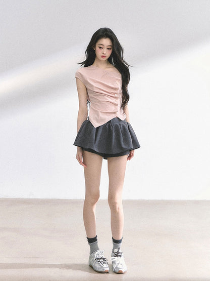 Pink Asymmetrical Neckline Front Button Placket T-shirt Self-tie Bowknot at Back