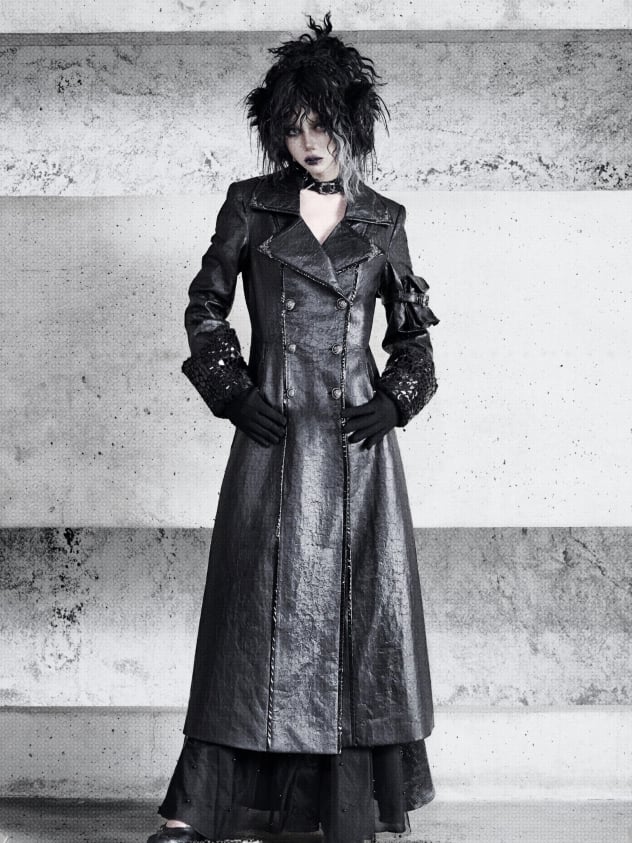Black Goth Cracked Leather Trench Coat with Cozy Fleece Lining