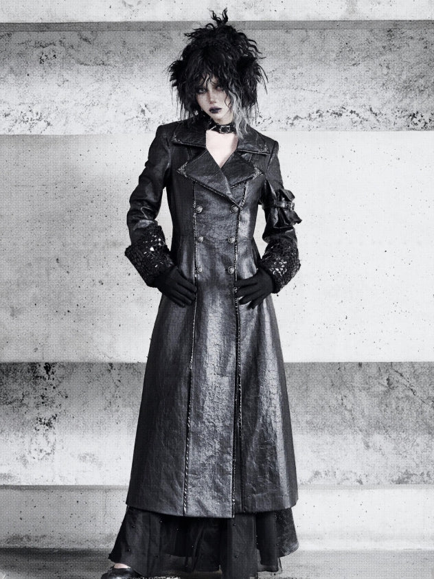 Black Goth Cracked Leather Trench Coat with Cozy Fleece Lining