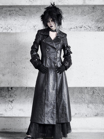 Black Goth Cracked Leather Trench Coat with Cozy Fleece Lining