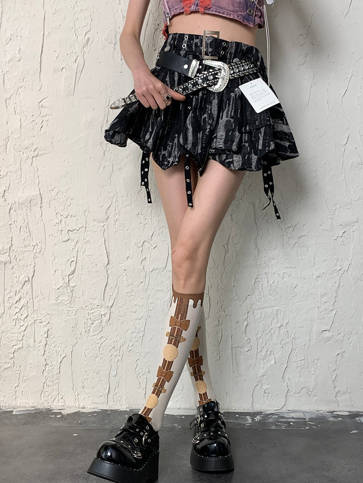 White&Brown Y2K Bittersweet Cookie And Bowknot Print Underknee Stockings