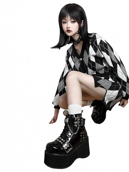 Punk Polished Black Platform Ankle Boots Silver-tone Studs