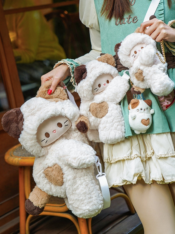 White Kitty-shaped Plush Backpack/Crossbody Bag + 4 Options Keychain Small/Middle/Large Size