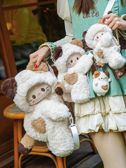 White Kitty-shaped Plush Backpack/Crossbody Bag + 4 Options Keychain Small/Middle/Large Size