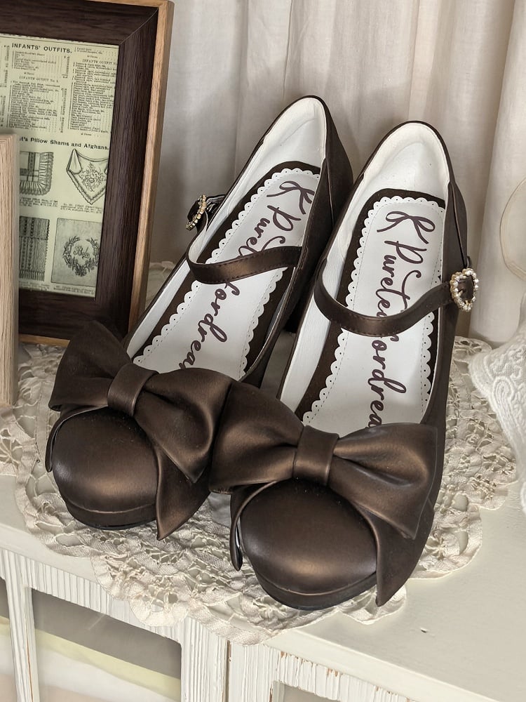 Brown PU Leather High-heel Shoes in Elegant Lolita with Rhinestone Heart Accent & Bow at Top