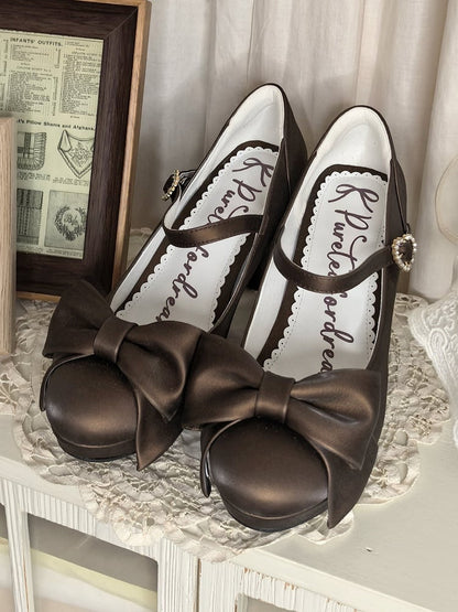 Brown PU Leather High-heel Shoes in Elegant Lolita with Rhinestone Heart Accent & Bow at Top