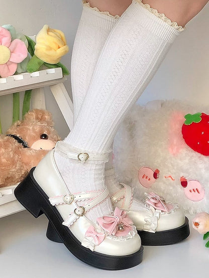 White & Pink Bow at Top Crisscross Buckle Straps Sweet Lolita Platform Mary Janes