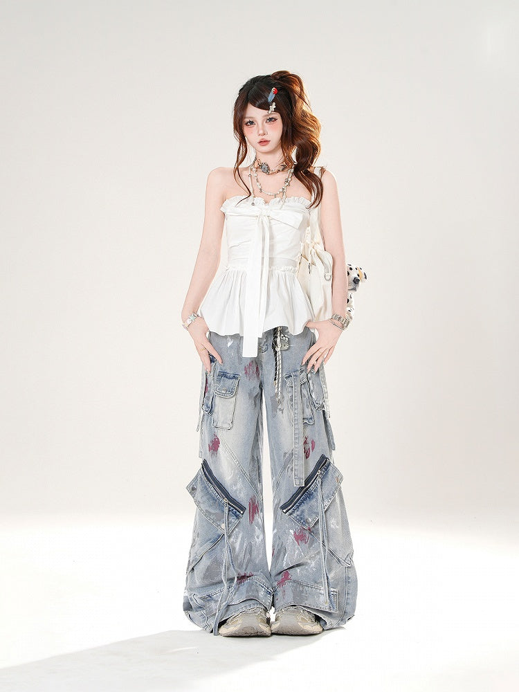 Big Bow Neckline White/Blue Plaid Strapless Top