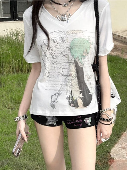 Green/Pink Anime Girl Print V-neck T-shirt