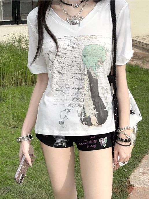 Green/Pink Anime Girl Print V-neck T-shirt