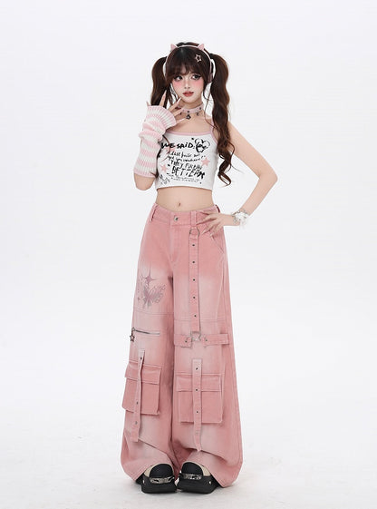 Pink Butterfly Print Strap Details Vintage Wide-Leg Cargo Jeans