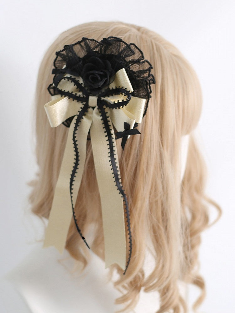 Black&Gold Sweet Lolita Floral Design Lace Trim Bowknot Hairclip