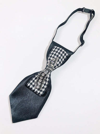 Black Rhinestone Decorated Houndstooth Pattern Bowknot Design Neck Tie