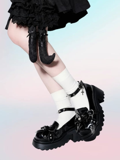 Black Punk Bowknot Decorated Butterfly Heart Buckles Studs Details Platforms