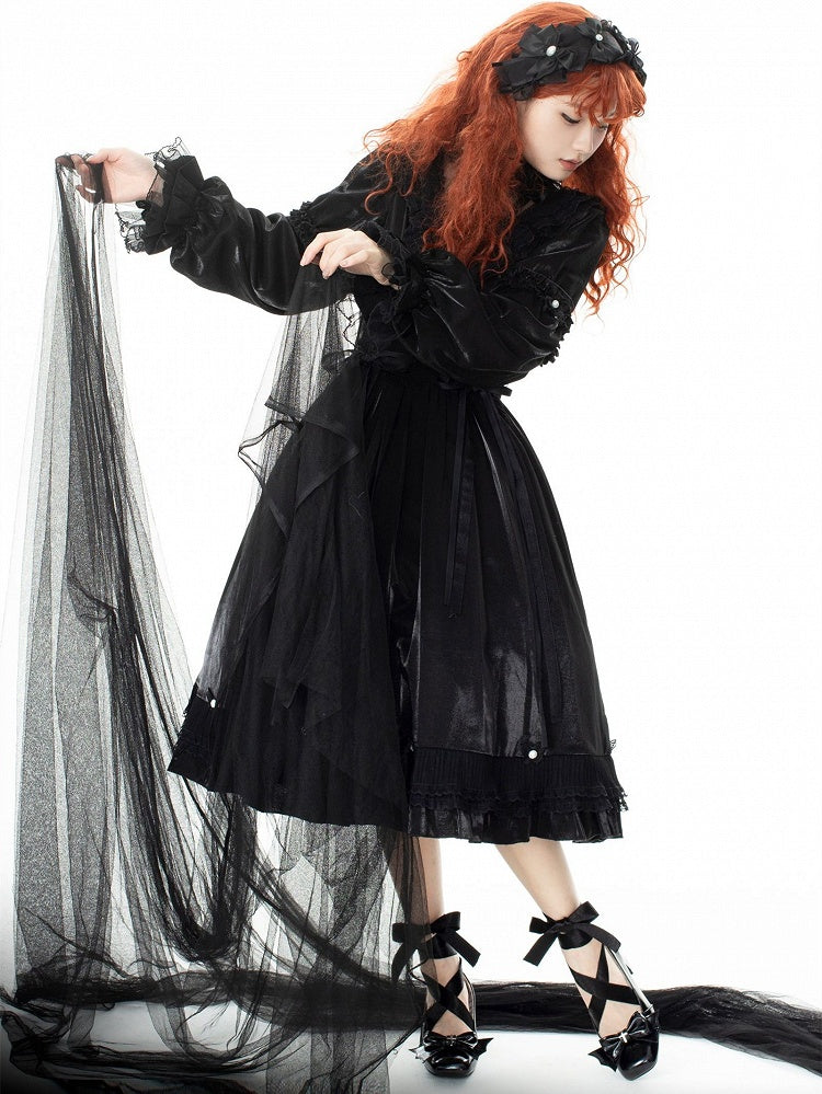 Bat Wings Bow Gothic Black Lace-up Block Heels Balletcore Shoes