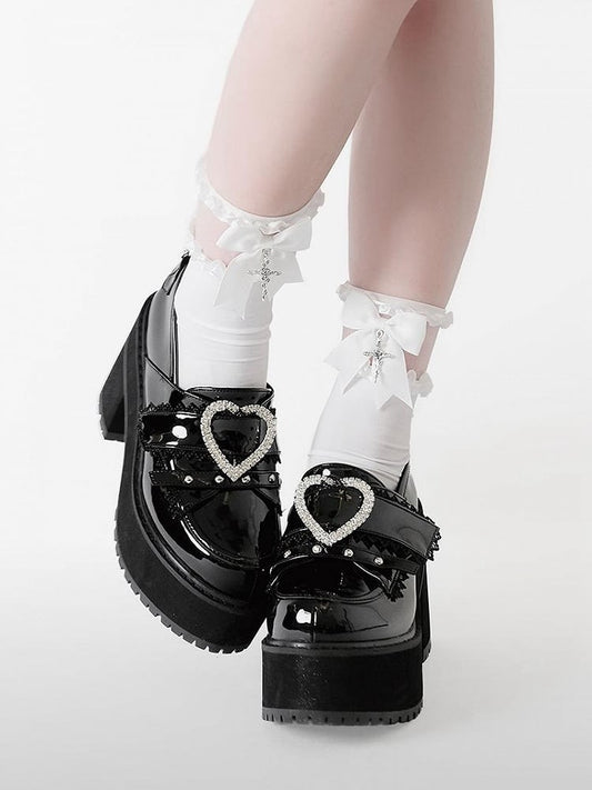 Cross and Rhinestoned Heart Buckles Polished Black Jirai Kei Platform Loafers