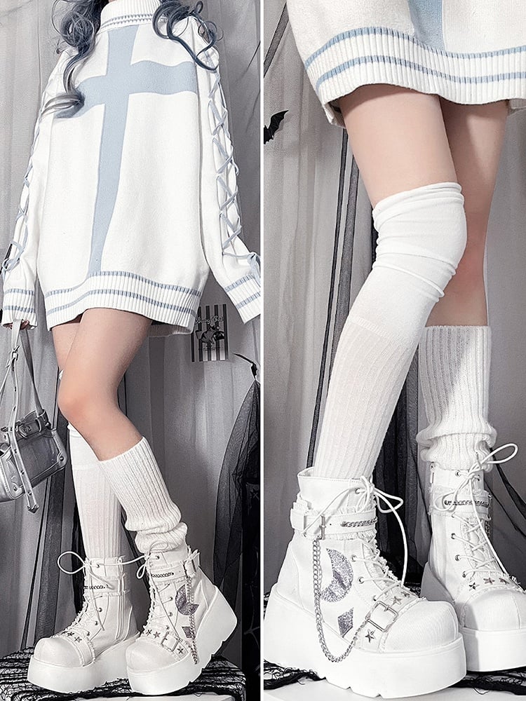 White Moon Applique Buckle Ankle Strap Platform Boots