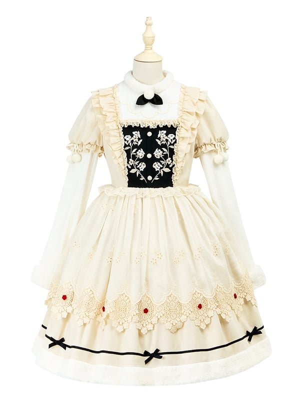 Beige Floral Embroidery Bodice Long Sleeves Lolita Dress Plush Neckline and Cuffs