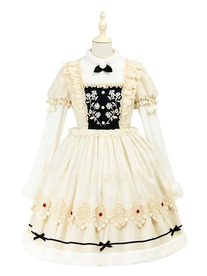 Beige Floral Embroidery Bodice Long Sleeves Lolita Dress Plush Neckline and Cuffs