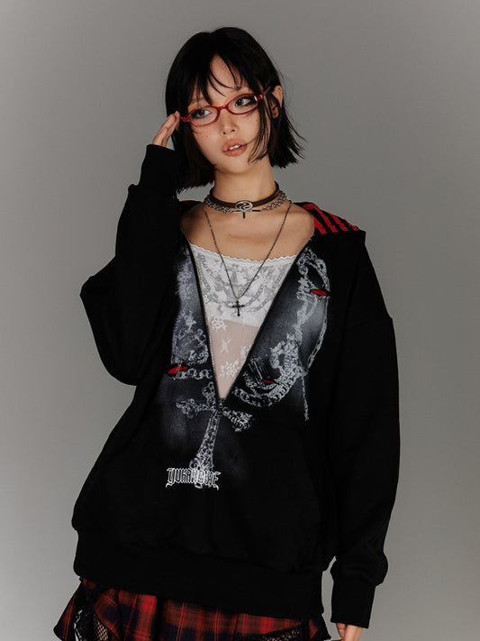Y2K Black Distressed Holes Pin Accents Graphic Hoodie Faux Two-pieces
