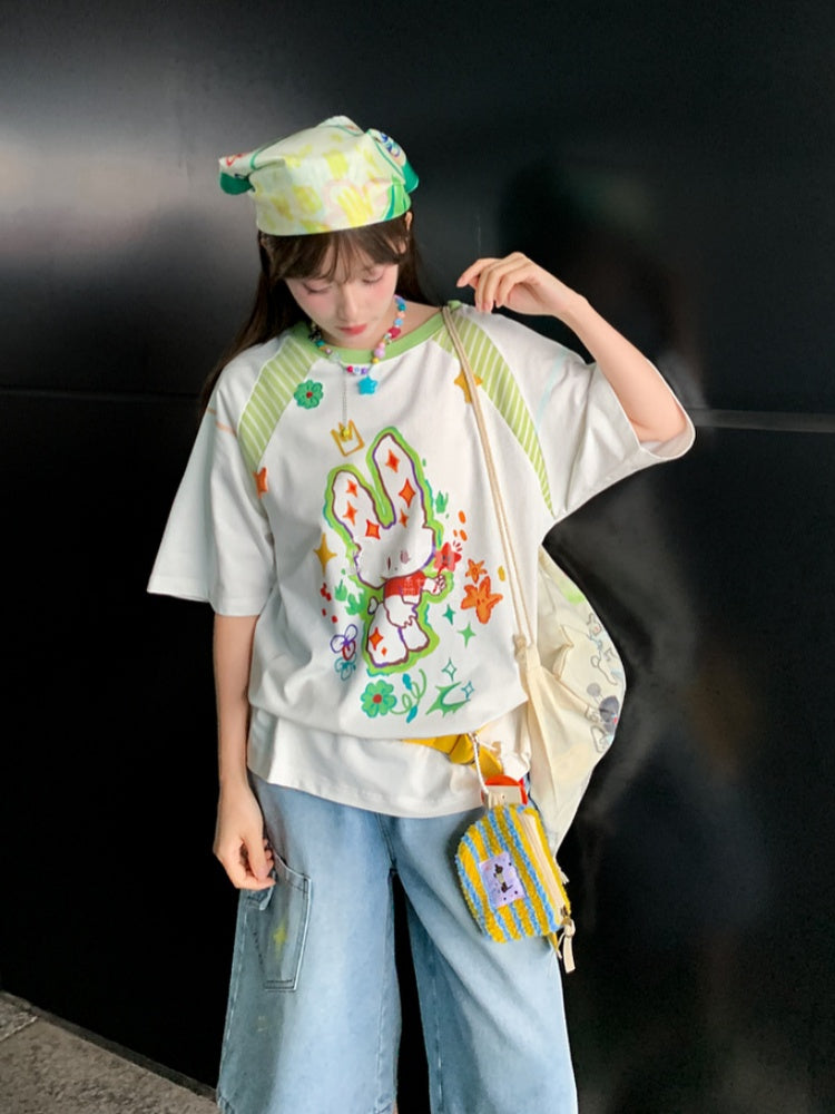 Cartoon Bunny Print White Round Neck Loose T-shirt