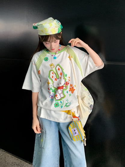 Cartoon Bunny Print White Round Neck Loose T-shirt