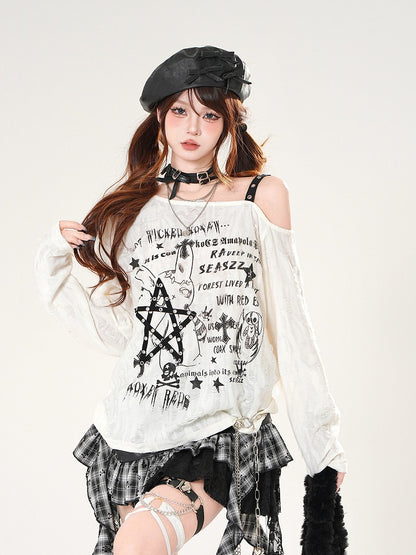 Asymmetrical Neckline Distressed Holes Black/White Graphic Coverup