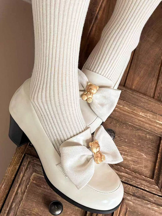 Beige Bear Decorated Bow at Top Loafers