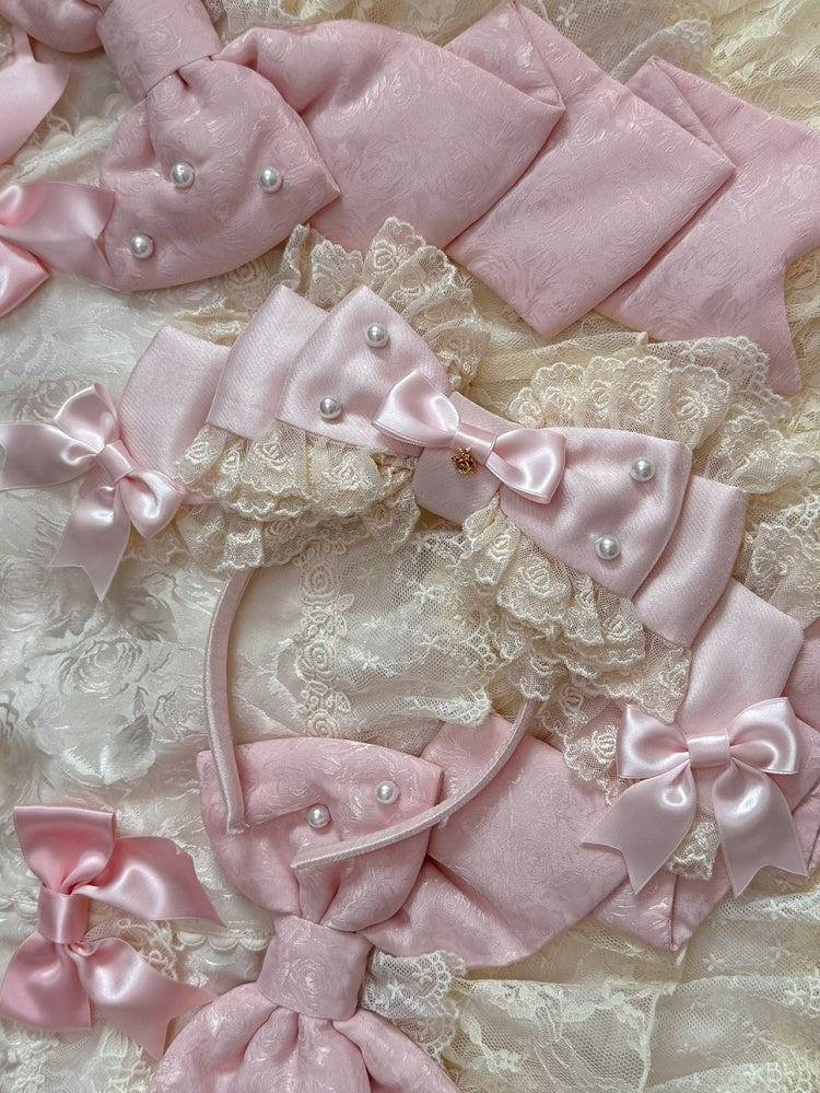 White/Beige/Blue Beaded Decorated Lace Trim Big Bow KC