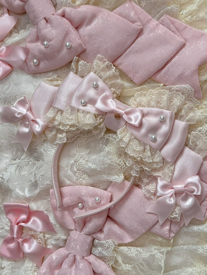 White/Beige/Blue Beaded Decorated Lace Trim Big Bow KC