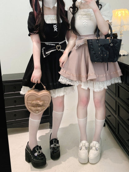 Jirai Kei Pink/White/Black Lace Trim Bowknot Details Puff Sleeves Blouse