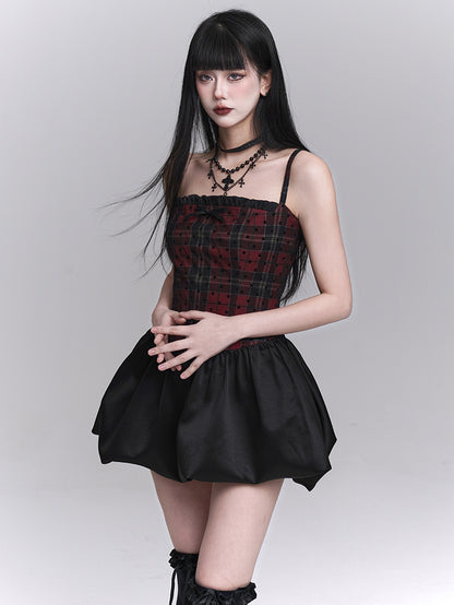 Red Plaid Basque Waist Mini Bubble Skirt Cami Dress
