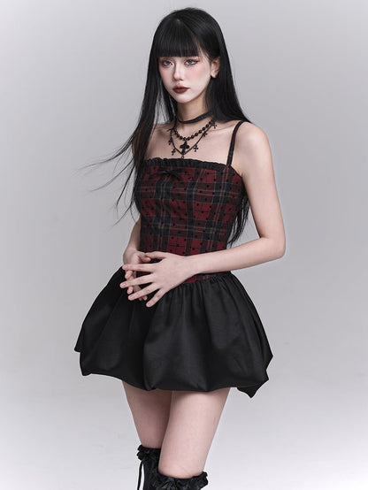 Red Plaid Basque Waist Mini Bubble Skirt Cami Dress