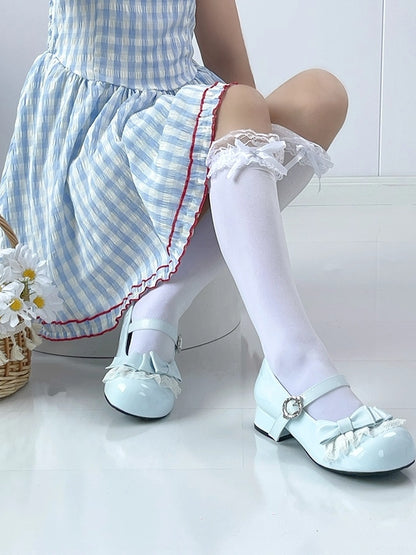 Low-heel Light Blue Mary Janes in PU - Round Toe Design, Lace Edging & Bow Decor
