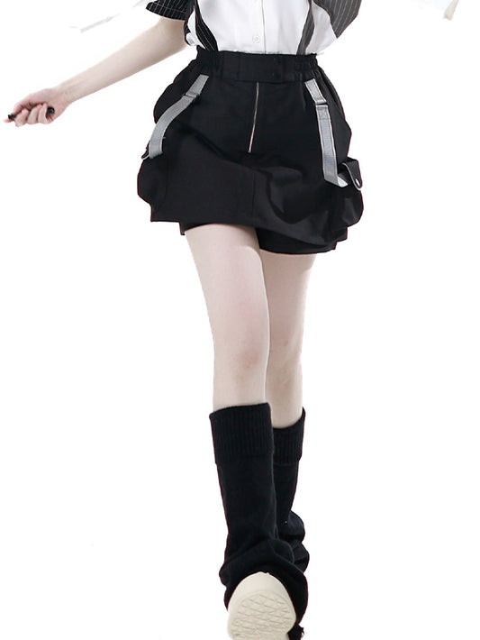 Black Techwear Strap Details Cargo Pockets Skort