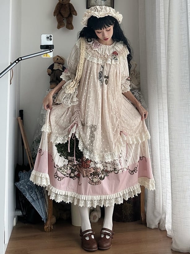 Plus Sizes Available Ruffle Round Neck Drawstring Overlay Sweet Lolita Cotton Dress