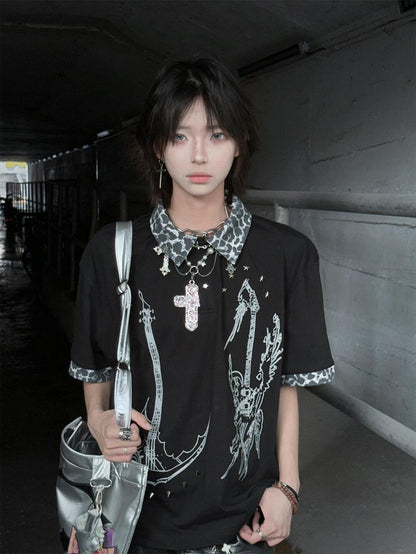Y2K T-Shirt with Leopard Patchwork and Cross Print